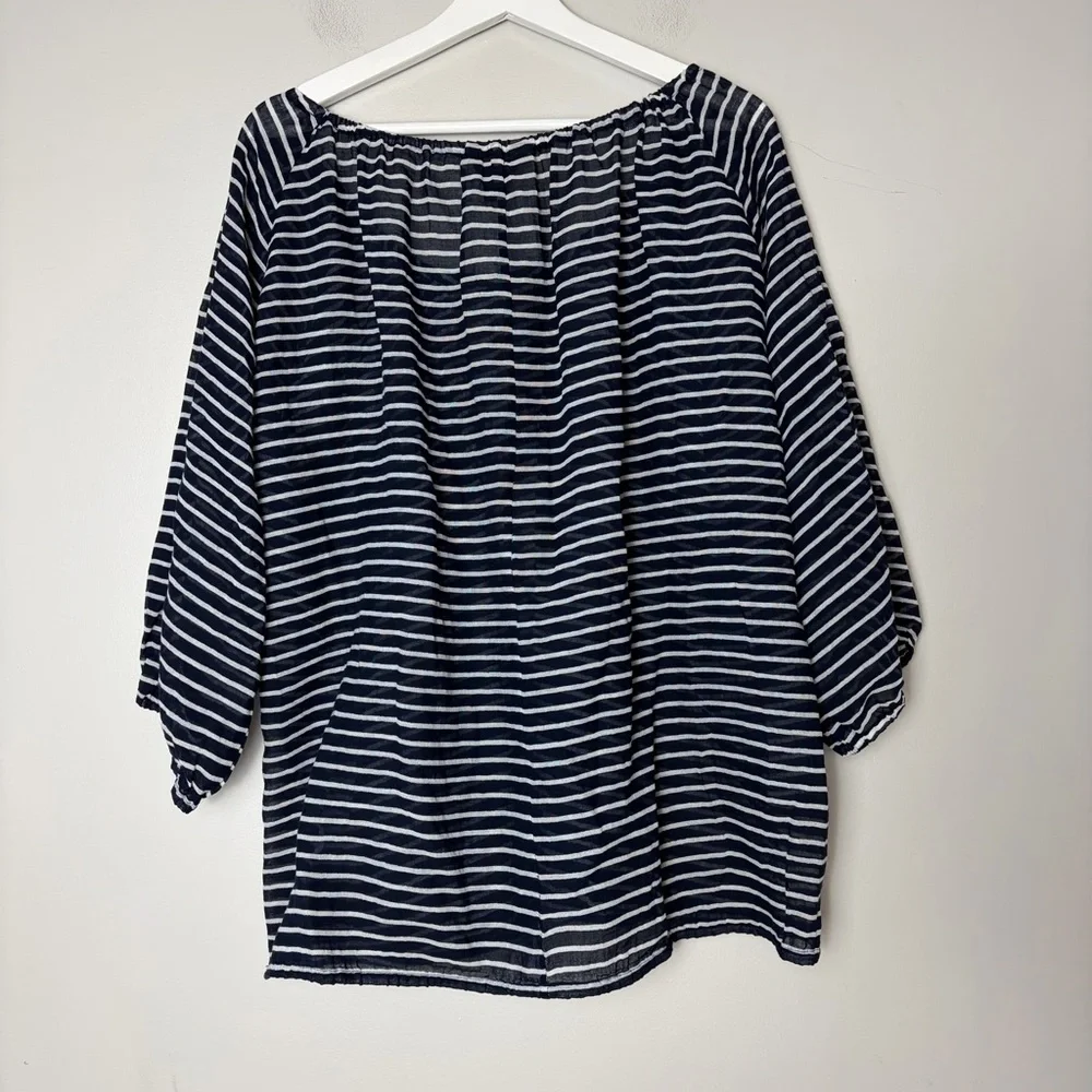 J.‎ Crew Navy Striped Sheer Boat Neck Three Quarter Sleeve Top Women's Large